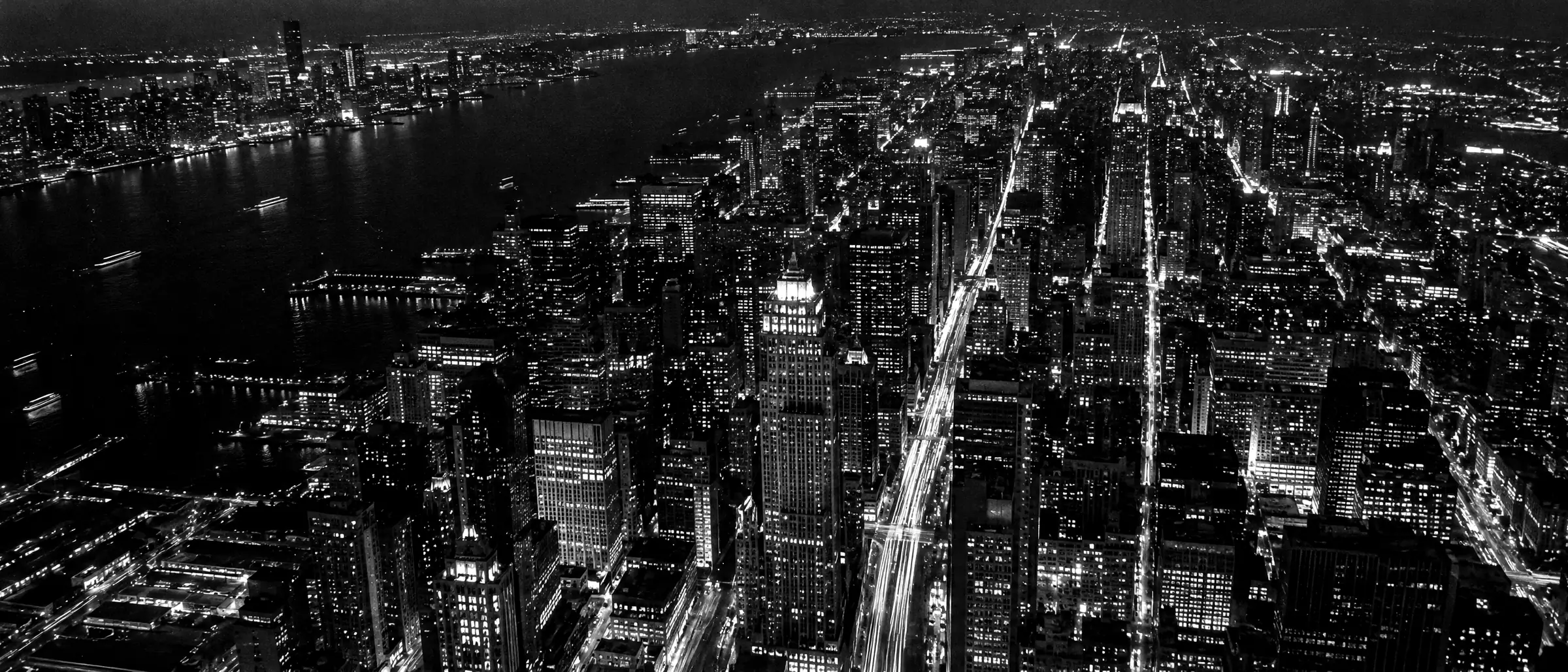 Aerial view of a city street grid at night