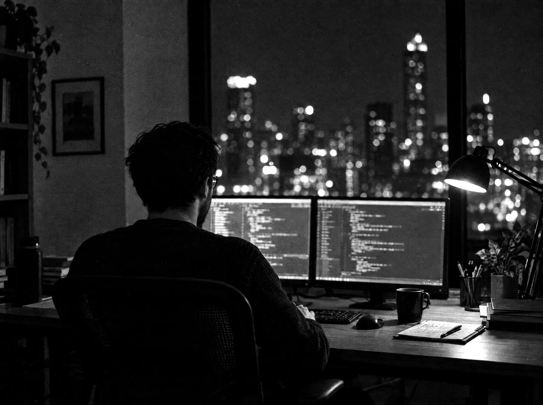 Software engineer working late at two monitors