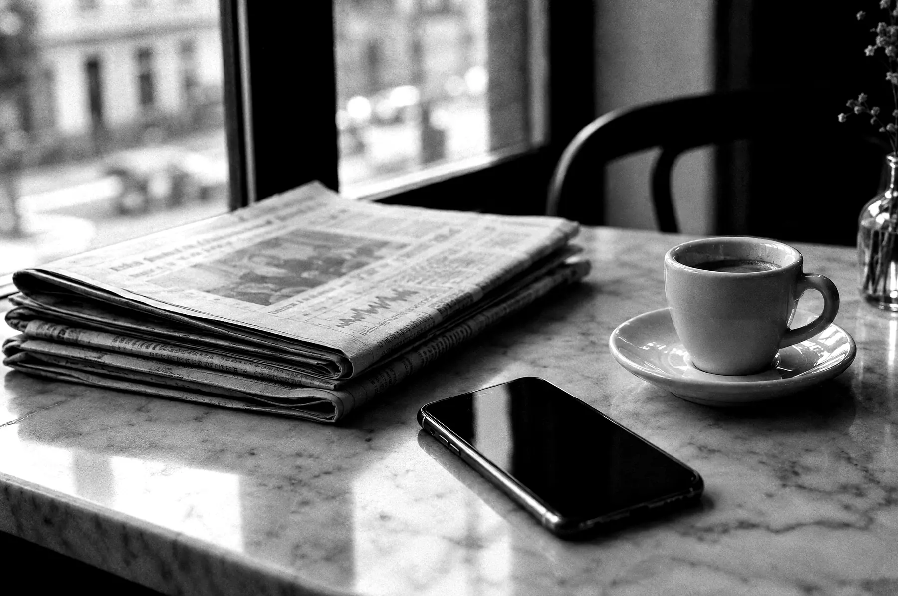 Folded newspapers and a phone on a café table