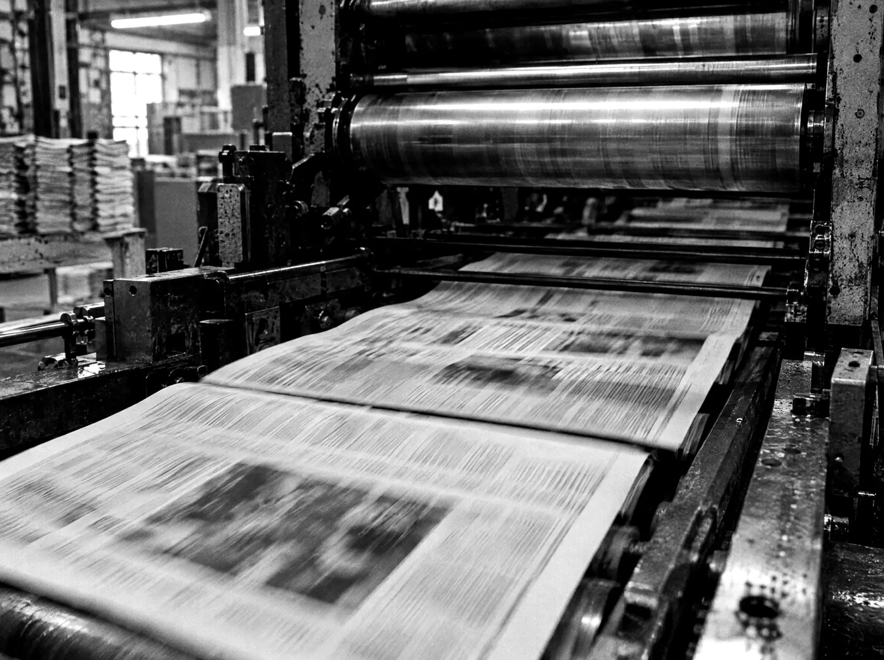 Newspapers running through a printing press